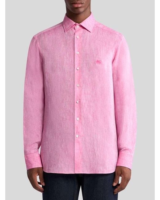 Etro Pink Linen Shirt With Pegaso for men