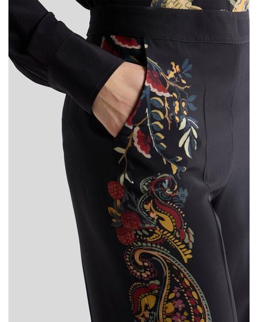 Etro Blue Silk Trousers With Placed Floral Paisley Print