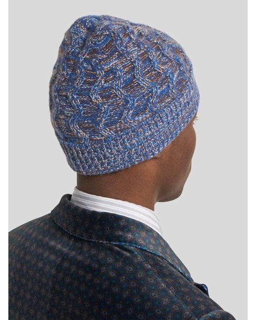 Etro Blue Cashmere Beanie With Cable Detail And Pegaso Embroidery for men