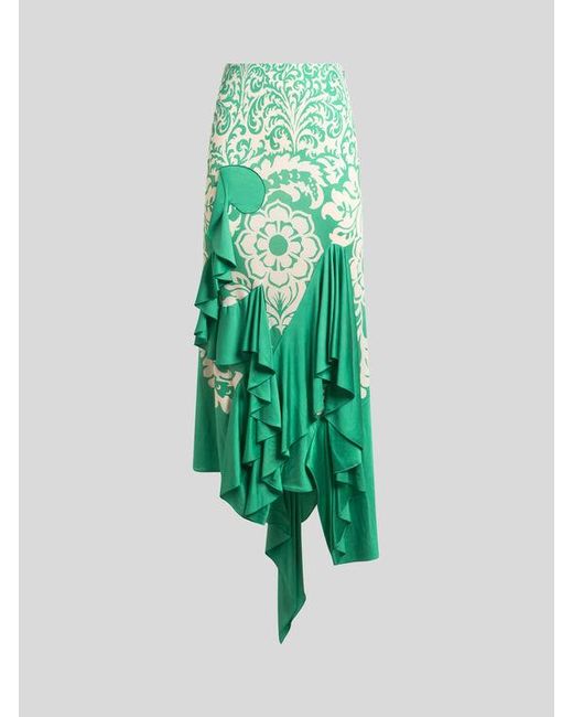 Etro Green Asymmetric Jersey Skirt With Flounce And Print