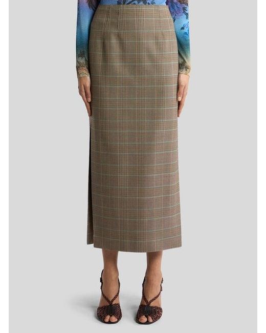 Etro Natural Stretch Wool Midi Skirt With Prince Of Wales Motif