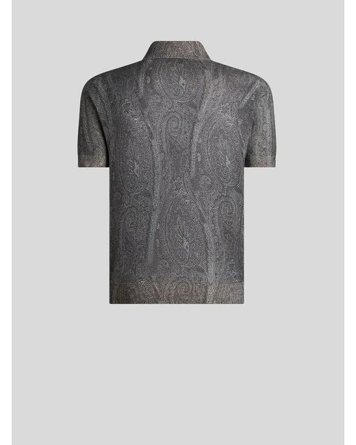 Etro Gray Knit Polo-Shirt With Paisley Print for men