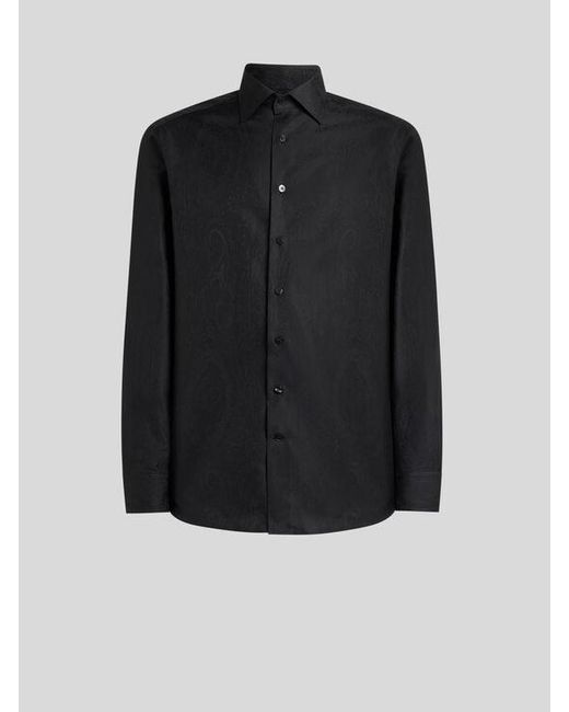 Etro Black Cotton Jacquard Shirt With Arnica Motif for men