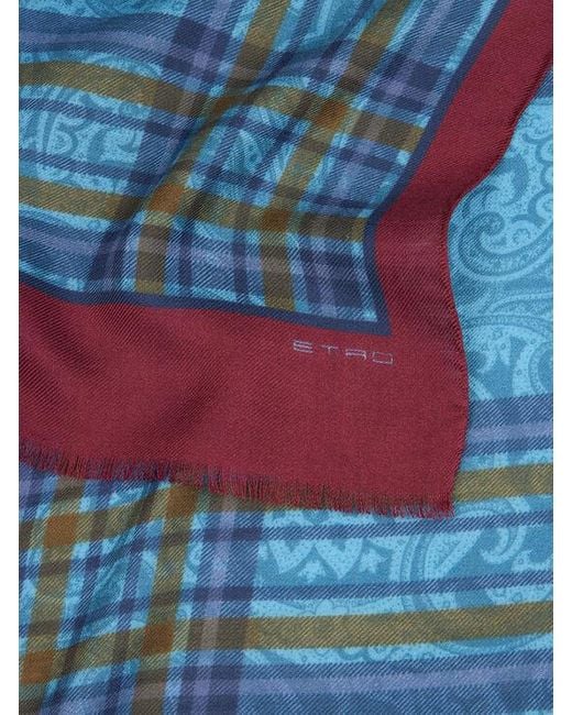 Etro Blue Wool And Silk Scarf With Print for men