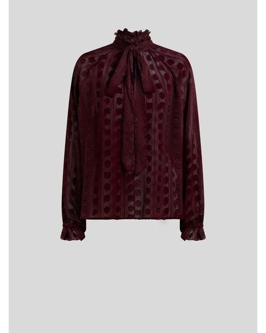 Etro Red Jacquard Blouse With Silk Scarf And Fil Coupé Motif