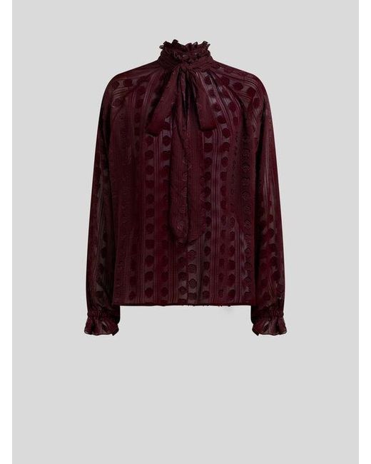 Etro Red Jacquard Blouse With Silk Scarf And Fil Coupé Motif