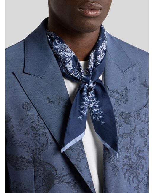 Etro Blue Silk Scarf With Paisley Motif And Pegaso for men