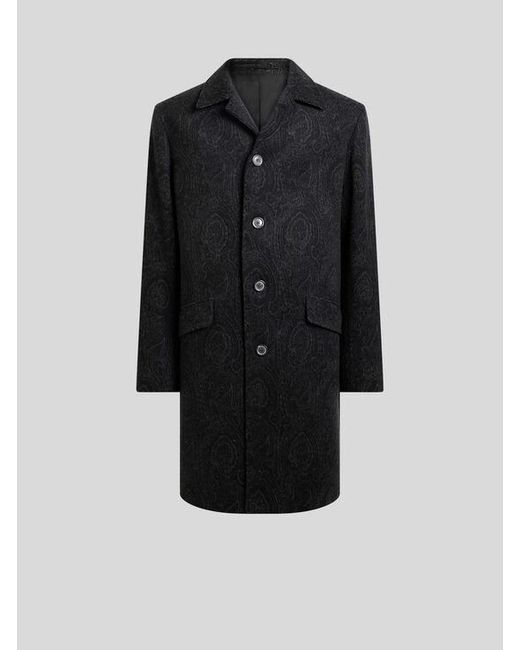 Etro Black Wool And Cashmere Jacquard Coat With Arnica Motif for men