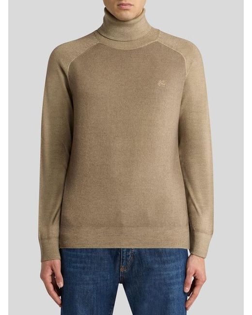 Etro Natural Wool Turtleneck With Pegaso Logo for men