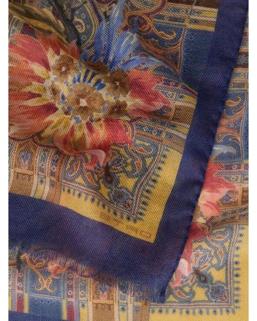 Etro Blue Wool, Cashmere And Silk Scarf With Paisley And Flower Motif