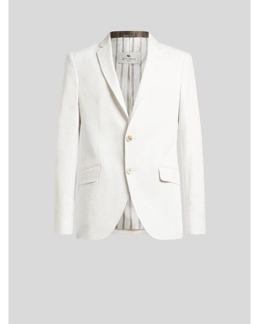 Etro White Single-Breasted Stretch Cotton Jacquard Jacket With Floral Motif for men