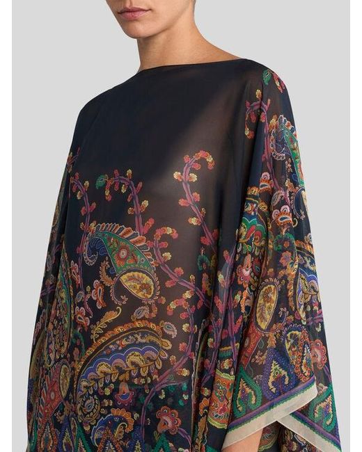 Etro Black Silk Poncho Top With Placed Floral Paisley Print