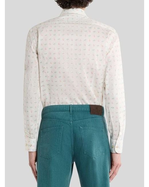 Etro White Cotton Sateen Shirt With Micro Paisley Motif for men
