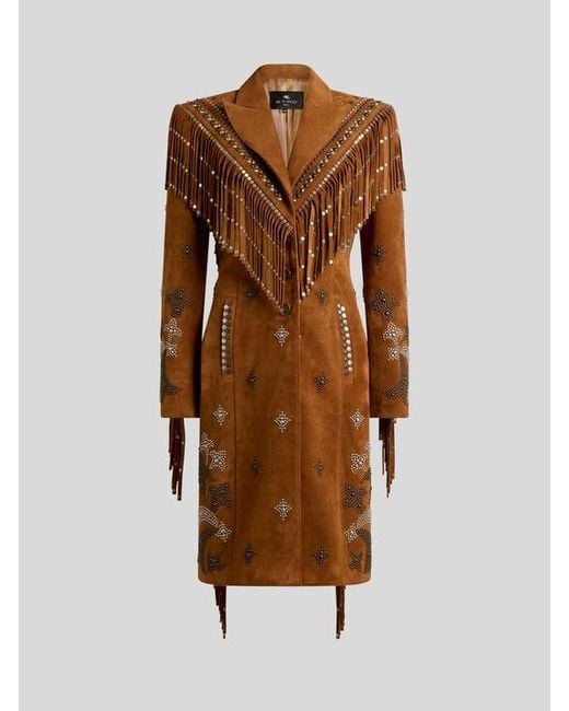 Etro Brown Leather Coat With Studs And Fringing