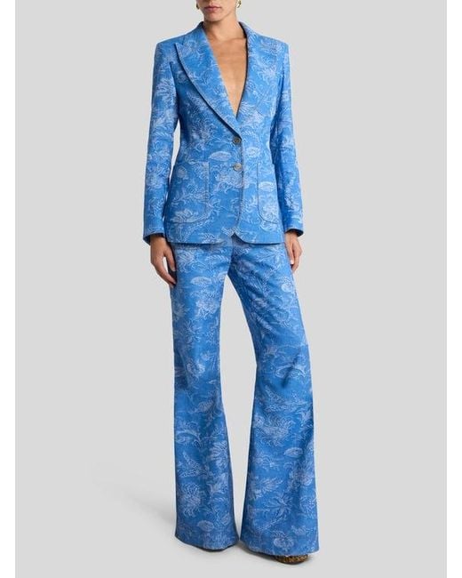 Etro Blue Flared Cotton And Linen Jacquard Denim Jeans With Floral Motif
