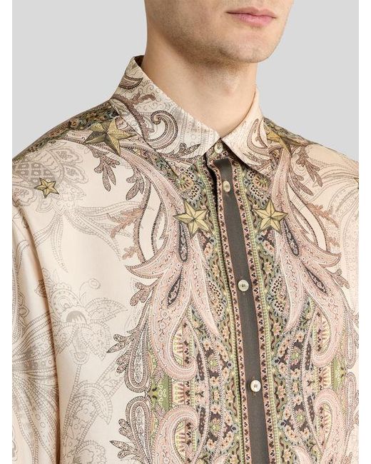 Etro Natural Silk Twill Shirt With Placed Pegaso Print for men