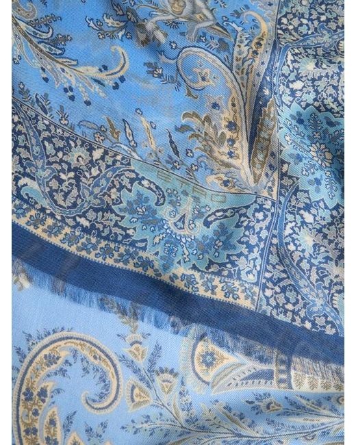 Etro Blue Scarf With Flora And Fauna Motif for men