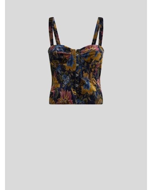 Etro Black Cotton Velvet Corset Top With Floral Overprint