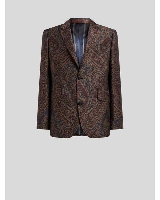 Etro Brown Single-Breasted Wool-Blend Jacquard Jacket With Paisley Motif for men
