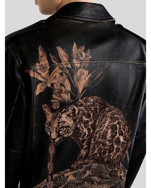 Etro Black Leather Biker Jacket With Placed Leopard Print for men
