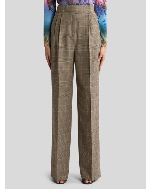 Etro Natural Stretch Wool Trousers With Prince Of Wales Motif