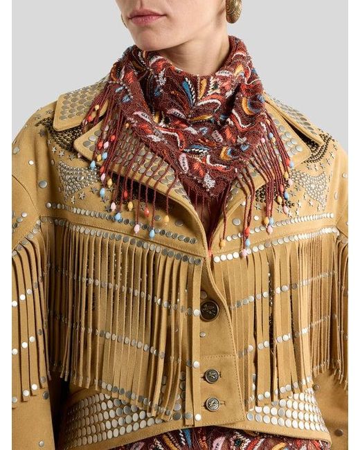 Etro Pink Triangular Lace Scarf With Beads