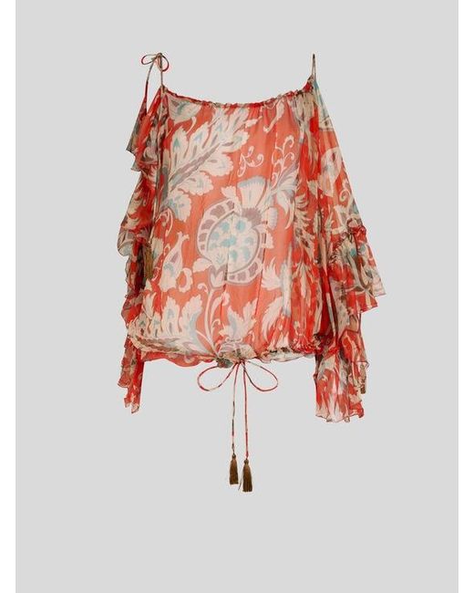 Etro Red One-Sleeved Silk Top With Floral Motif