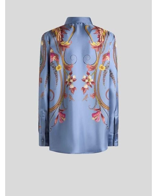 Etro Blue Silk Shirt With Placed Floral Paisley Print