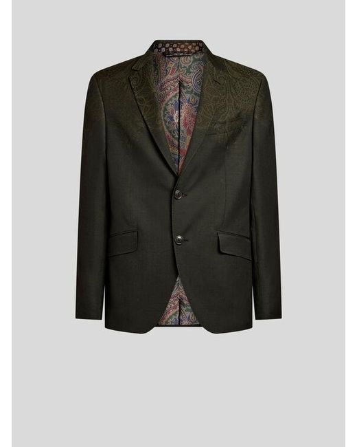 Etro Black Single-Breasted Wool Jacket With Placed Print for men