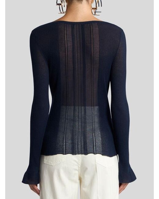 Etro Blue See-Through Cotton-Blend Jacquard Sweater With Boat Neck