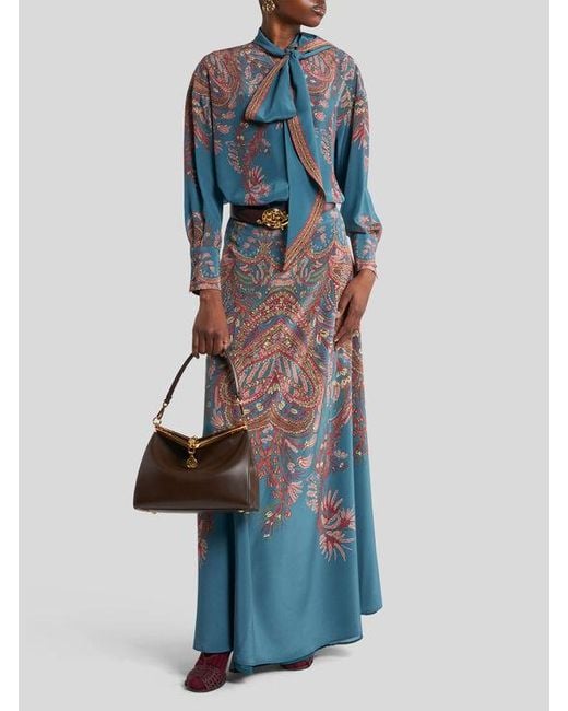 Etro Blue Langer Rock Aus Seide Mit Platziertem Print, Damen, Größe