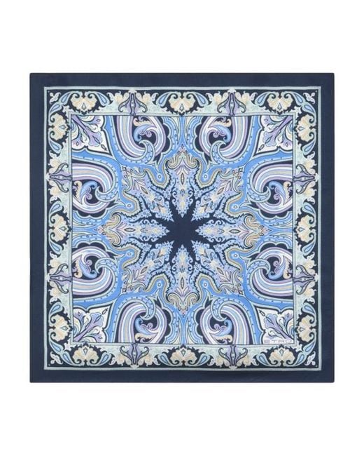 Etro Blue Patterned Silk Pocket Square for men