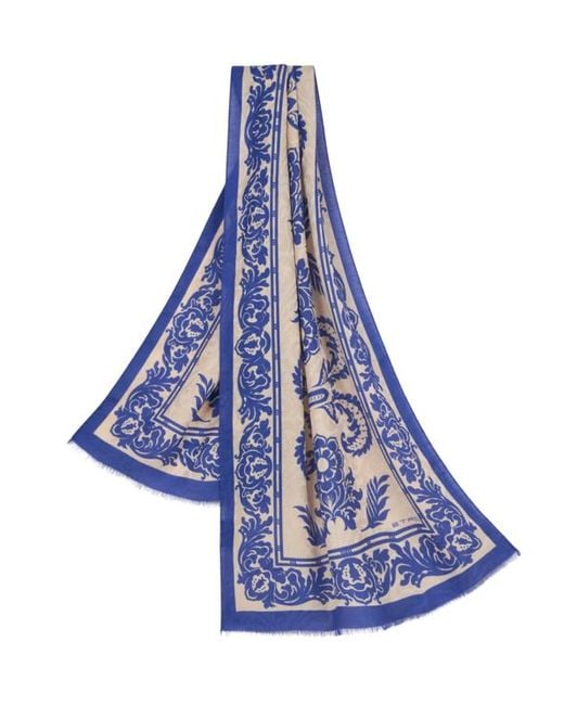 Etro Blue Chiffon Scarf With Floral Print