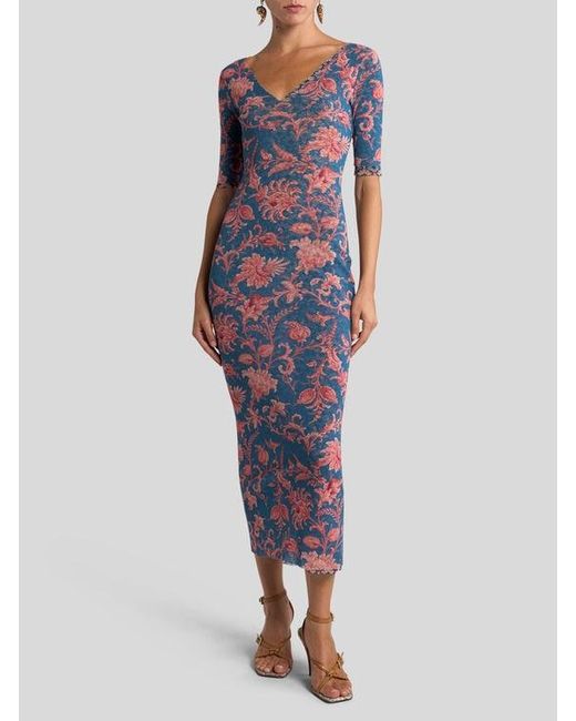 Etro Blue Stretch Tulle Midi Dress With Floral Motif