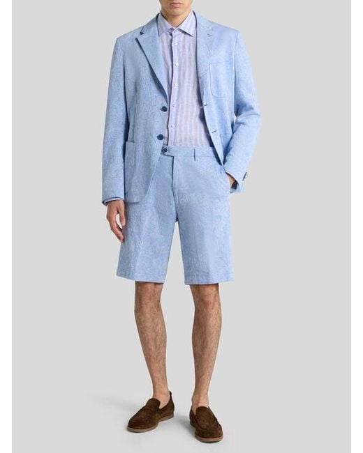 Etro Blue Single-Breasted Striped Cotton Jacket With Floral Paisley Motif for men