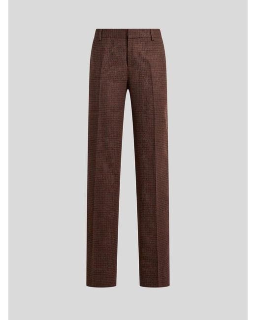Etro Brown Straight-Leg Wool Trousers With Pheasant Feathers And Micro Houndstooth Motif