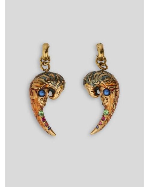 Etro Metallic Earrings With Paisley Parrot And Crystals