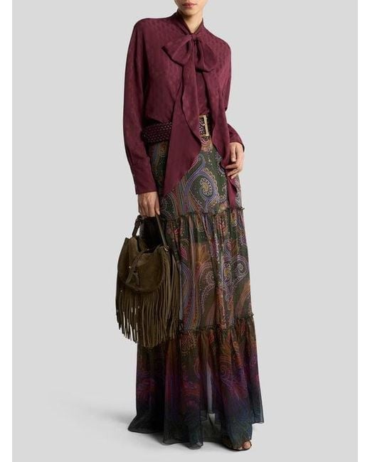 Etro Brown Silk Maxi Skirt With Placed Paisley Print