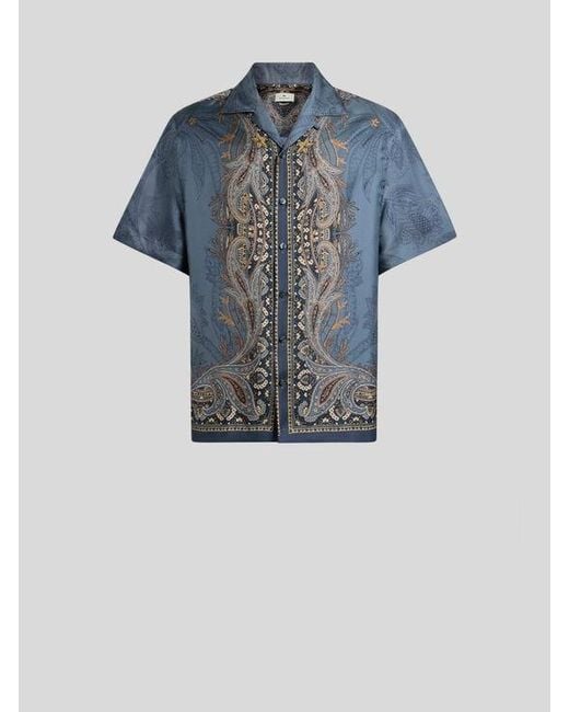 Etro Blue Silk Bowling Shirt With Placed Pegaso Print for men