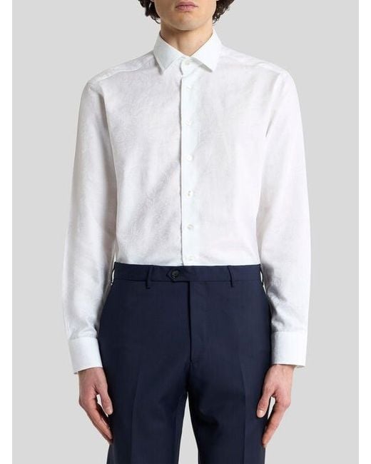 Etro White Cotton Jacquard Shirt With Paisley Foliage Motif for men