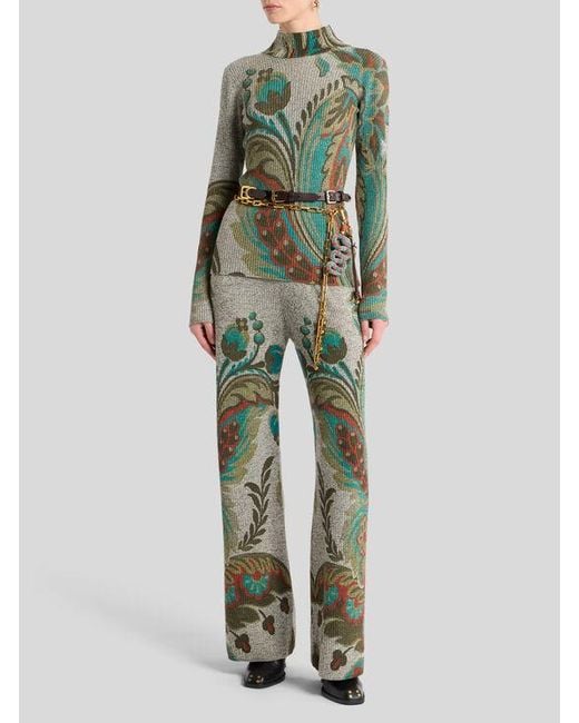 Etro Green Ribbed Wool Trousers With Daffodil Print