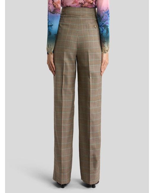 Etro Natural Stretch Wool Trousers With Prince Of Wales Motif