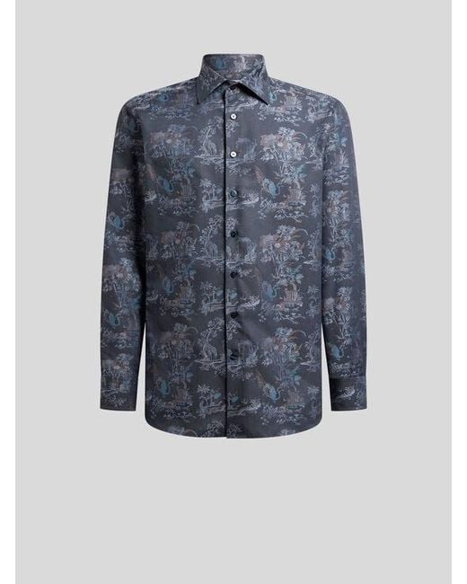 Etro Blue Cotton Jacquard Shirt With Flower And Animal Motif for men