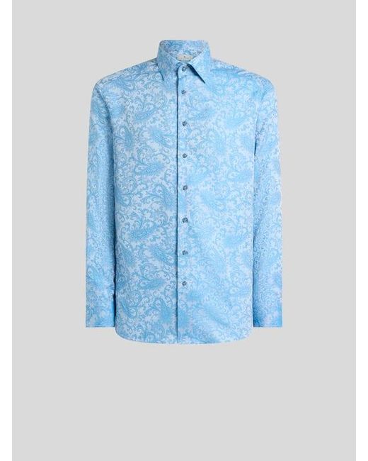 Etro Blue Paisley Cotton Jacquard Shirt for men
