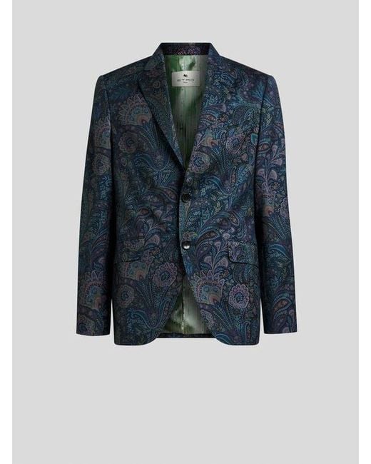 Etro Blue Single-Breasted Wool Jacket With Floral Motif for men