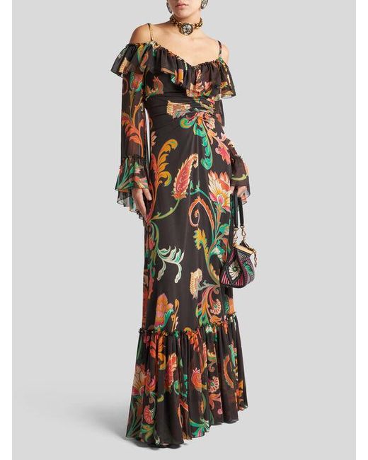 Etro White Long Boho Dress With Floral Print All Over