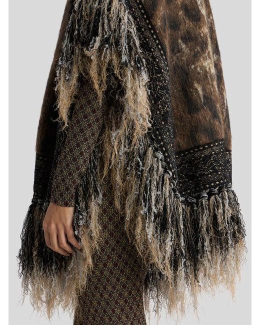 Etro Brown Mohair-Blend Jacquard Cape With Fringing And Leopard Motif