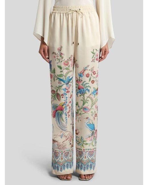 Etro White Wide-Leg Trousers With Placed Flora And Fauna Print