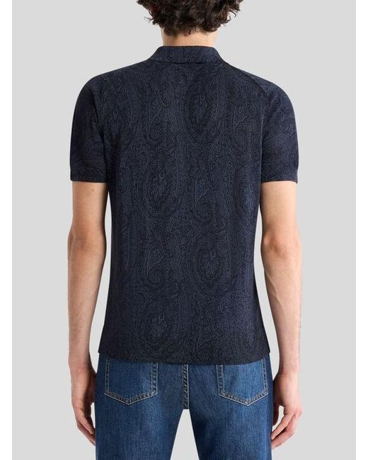 Etro Blue Cotton-Blend Polo Shirt With Floral Paisley Motif for men