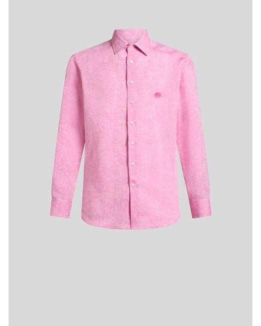 Etro Pink Linen Shirt With Pegaso for men